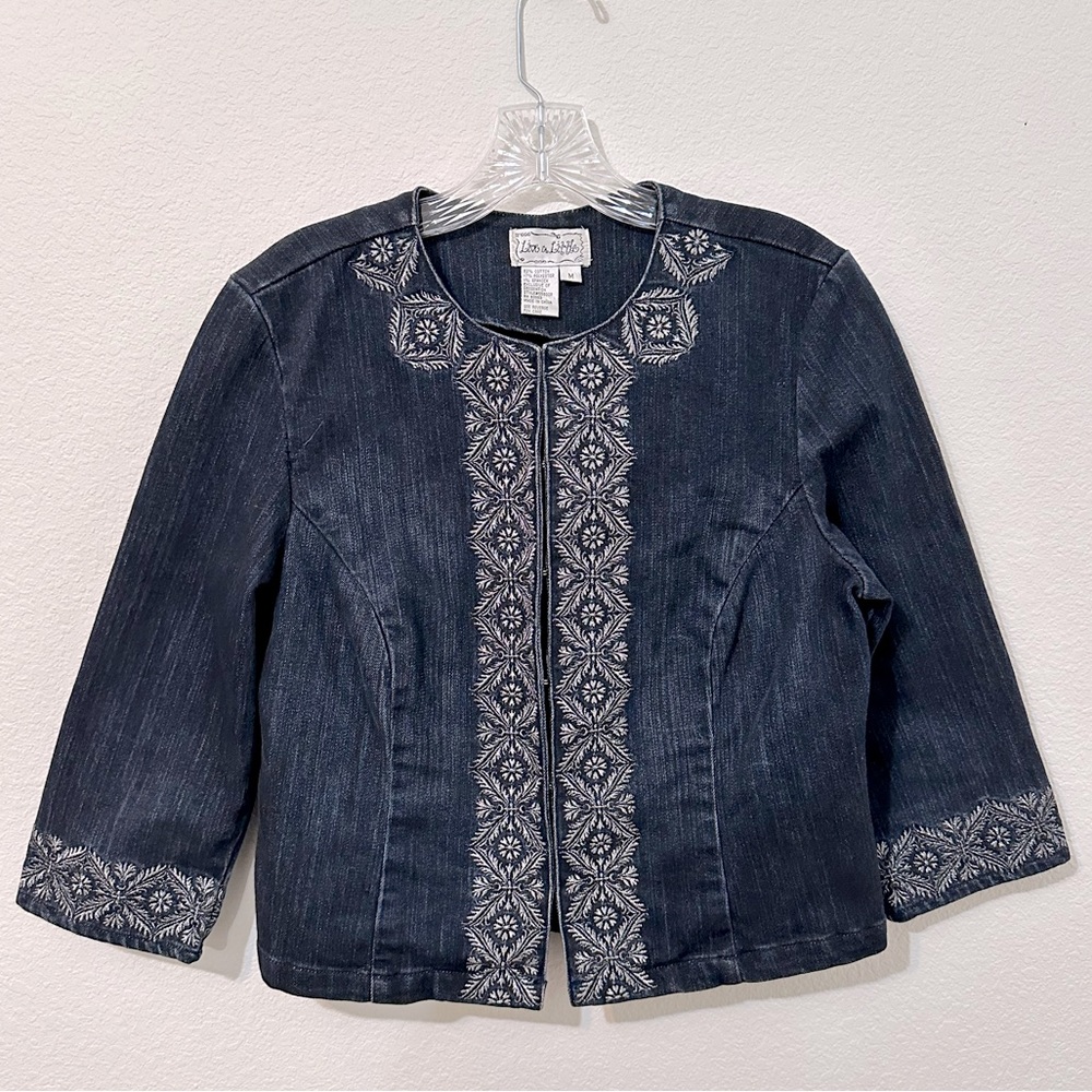 LIVE A LITTLE Denim Jacket 3/4 Sleeves with Silver Embroidery Size M EUC